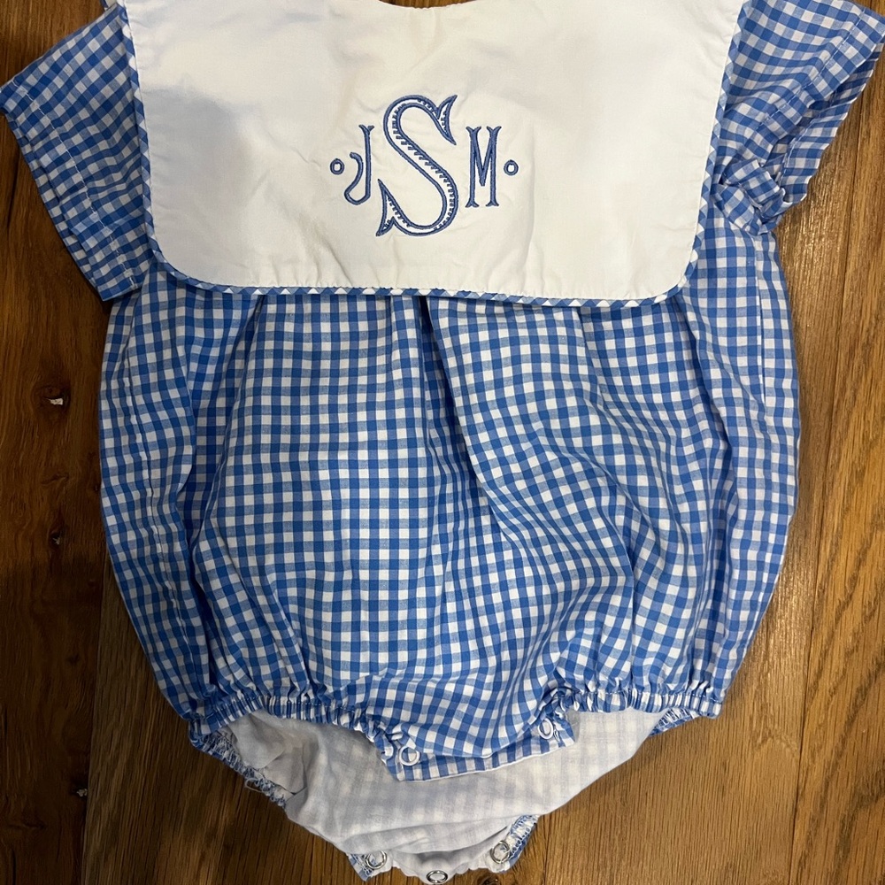 Cecil and Lou Blue Gingham Baby Romper 9M
